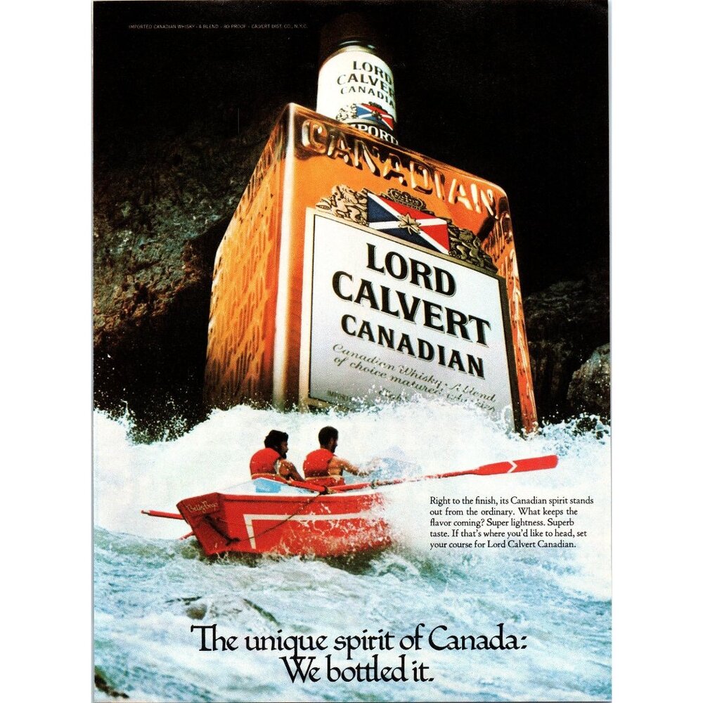 1980 Lord Calvert Canadian Whisky Vintage Print Ad White Water Rafting Wall Art